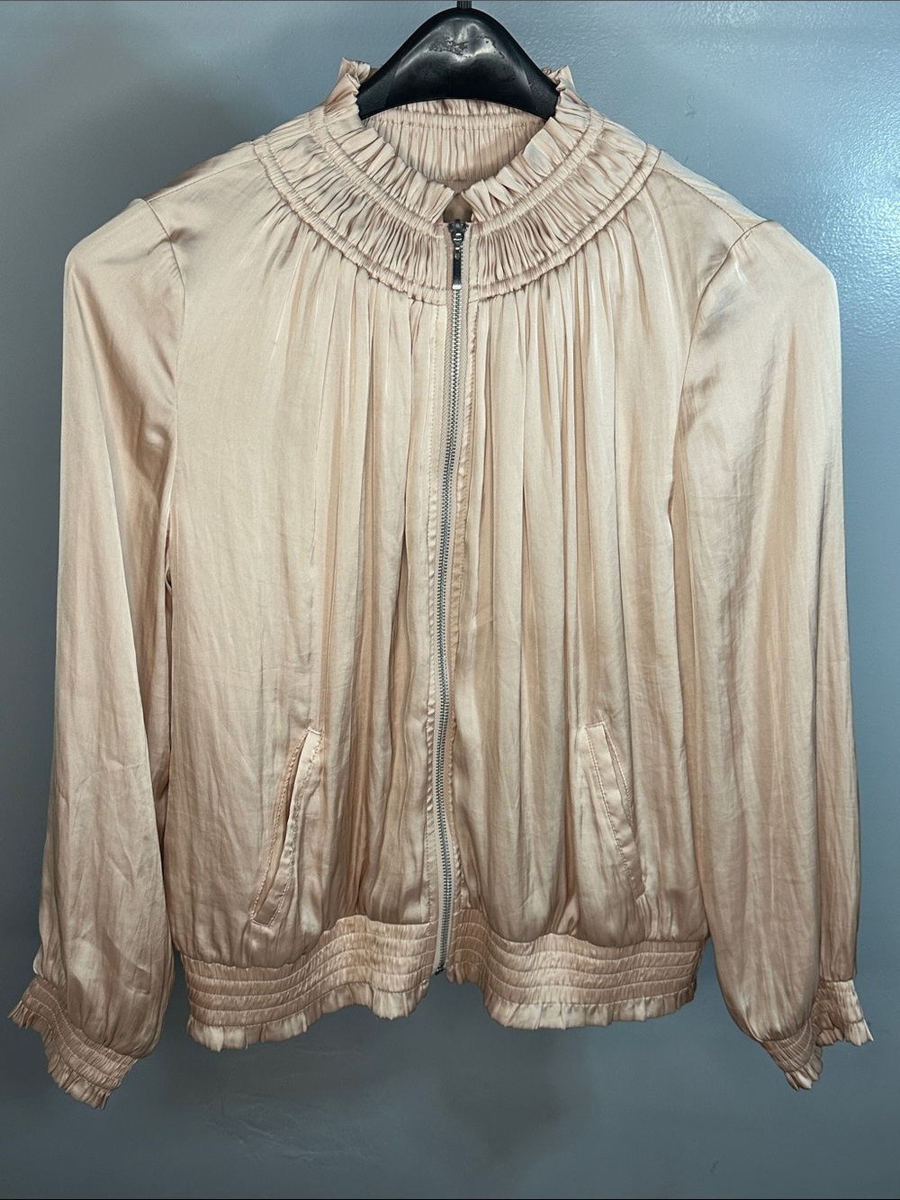 Chico's Blush Ruffled Collar Zip Bomber Jacket